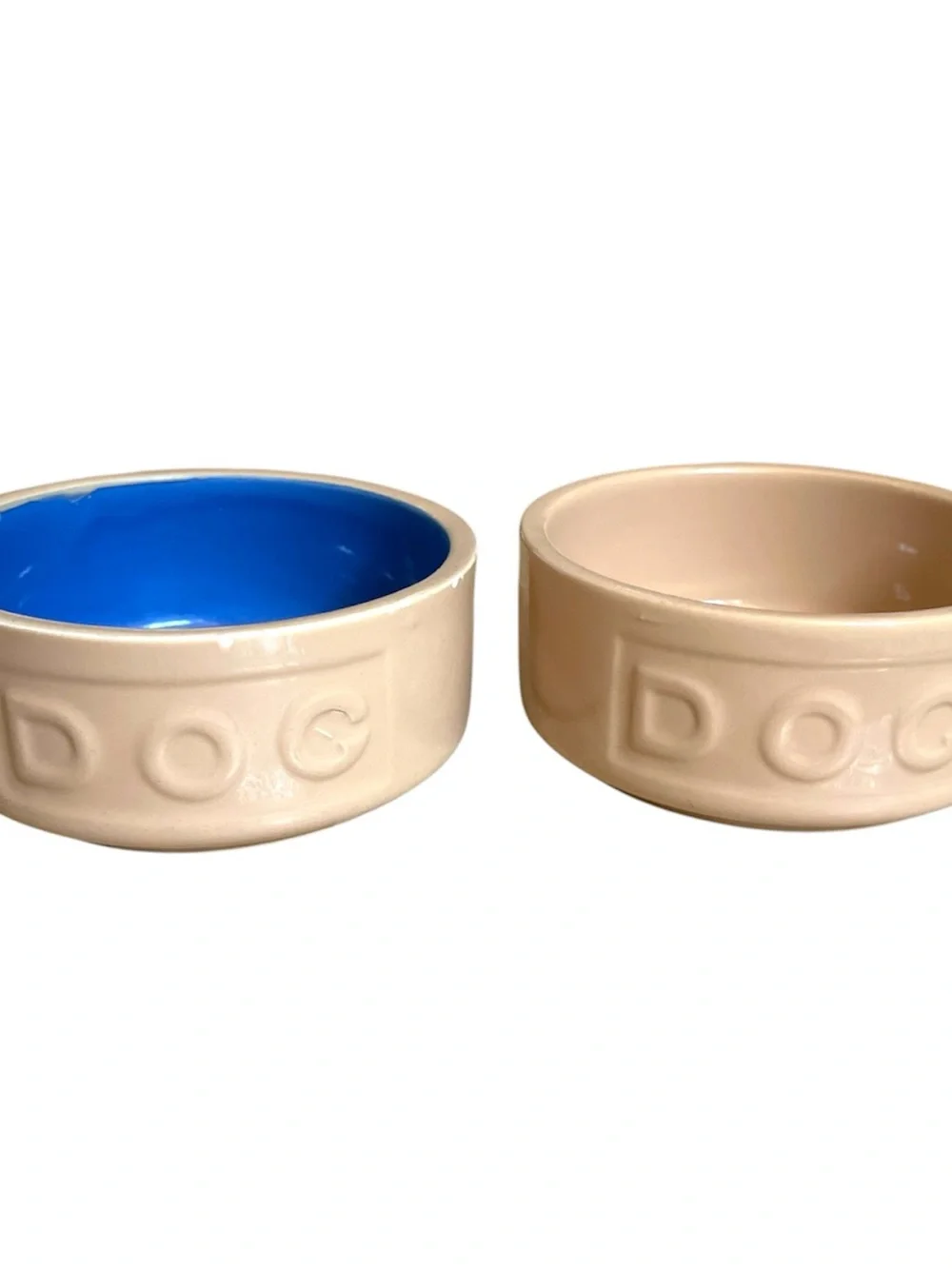 2 Dog Bowls - Cream and Blue with DOG across